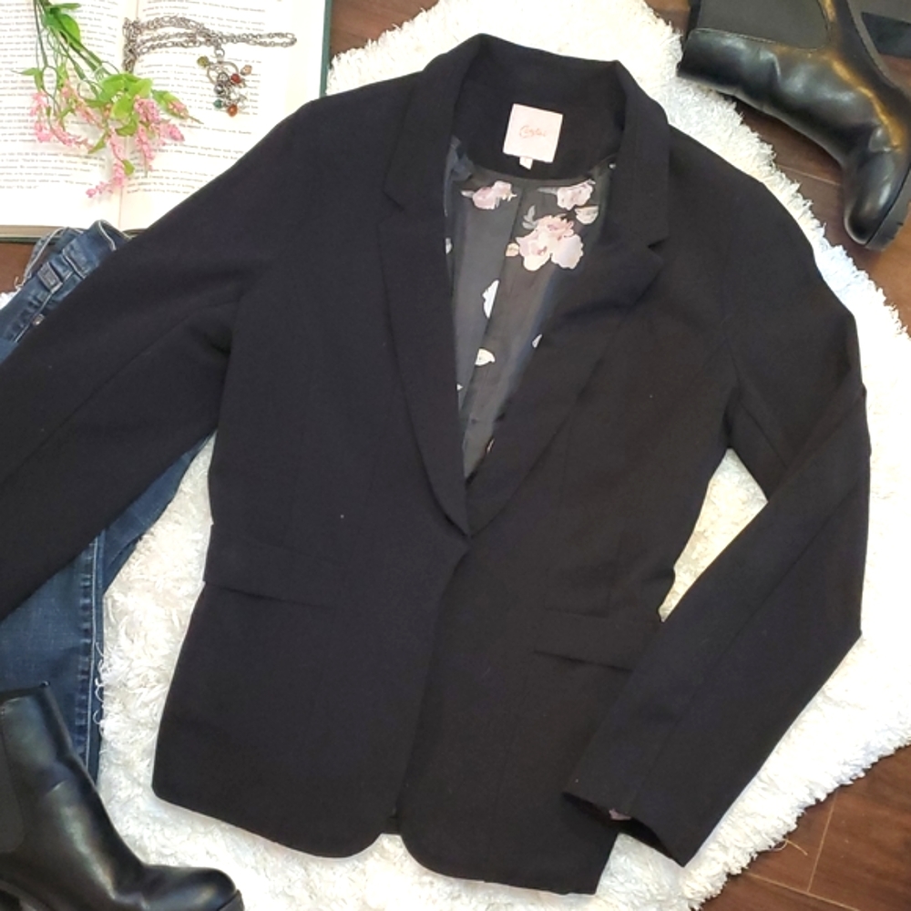 Women's Black Blazer Dress Jacket Size Large Lined in Floral Print Candie's